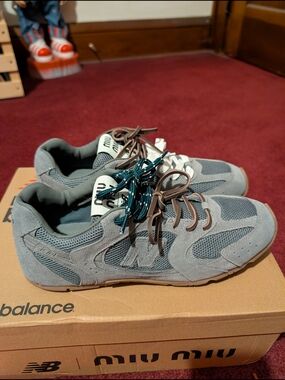 Miu Miu Gray Suede & Mesh Sneakers with Teal and Brown Laces